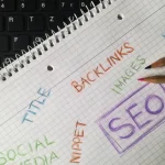 SEO keywords and backlinks sketched in a notebook