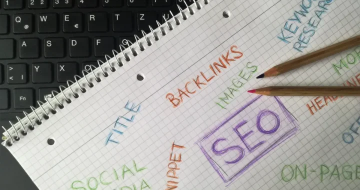 SEO keywords and backlinks sketched in a notebook